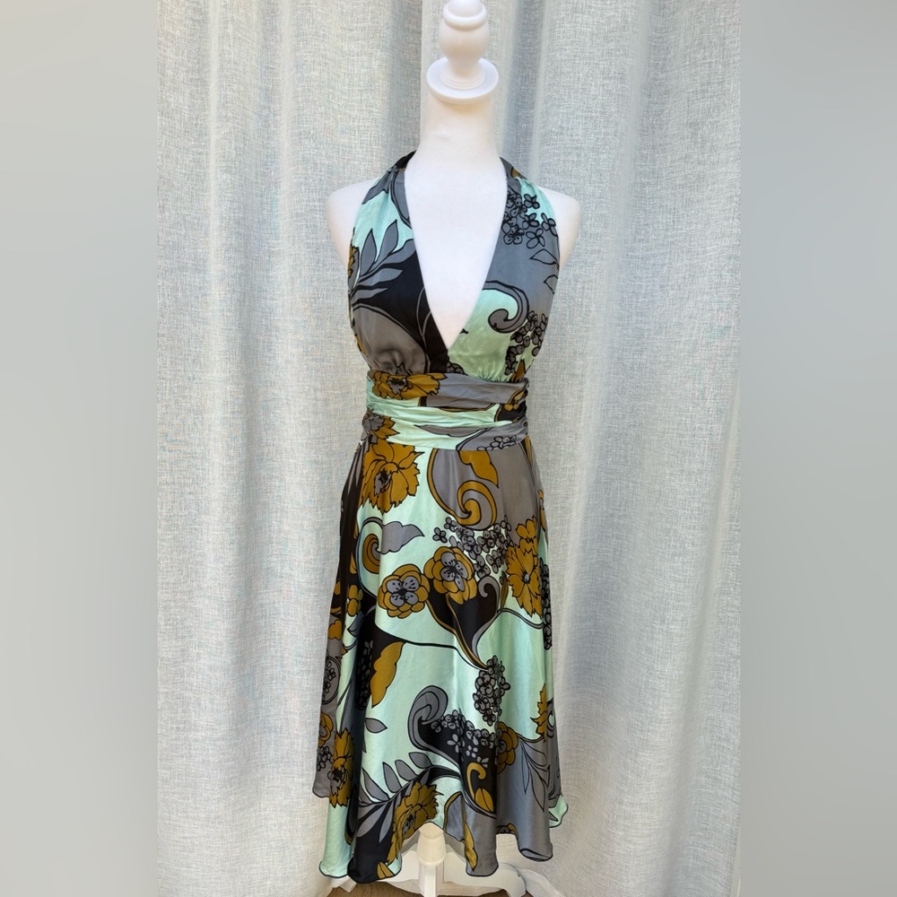 Lillie Rubin tropical turquoise floral halter neck open back silk a line dress